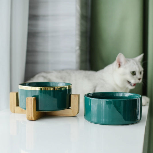 Ceramic Cat/Dog Bowl w/Bamboo Stand